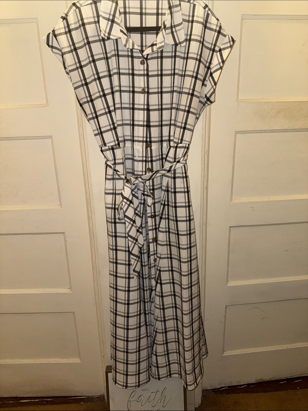 Calvin Klein White & Black Plaid Maxi Shirt Dress with Tie Waist